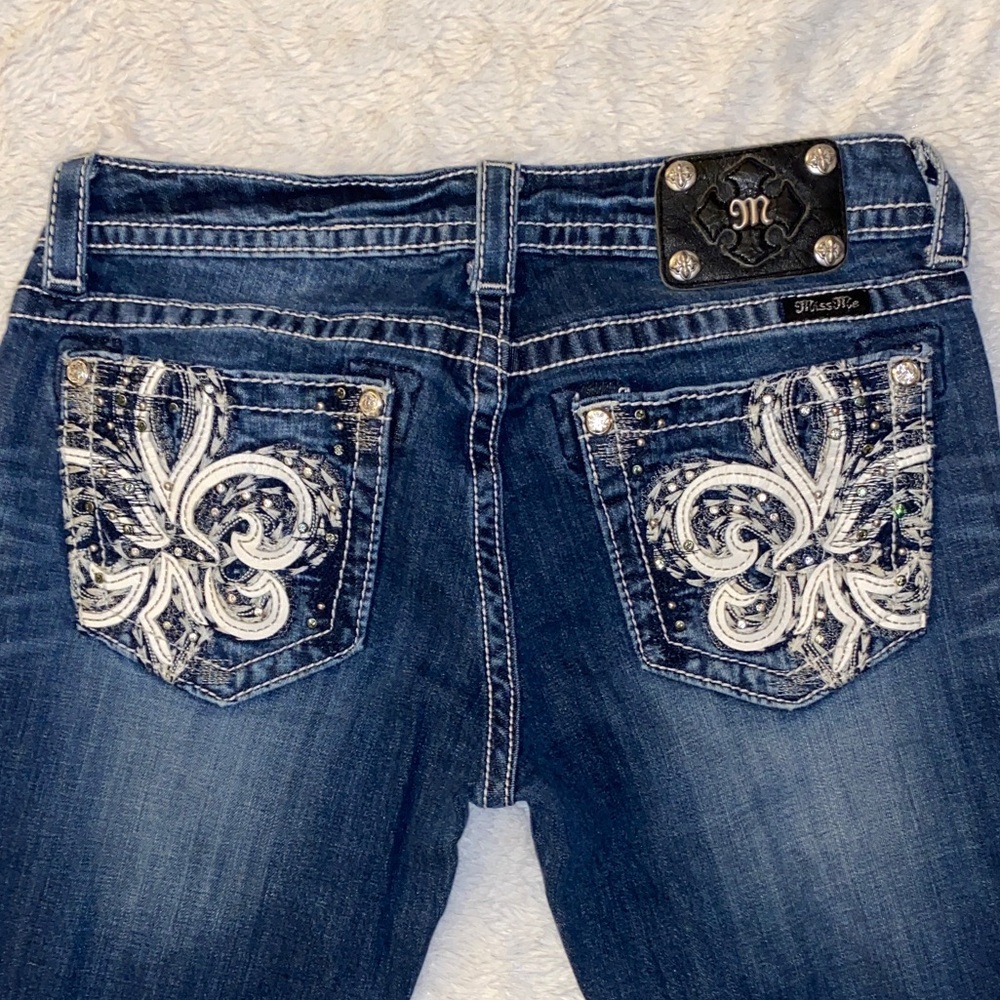 Miss Me Dark Blue Bootcut Jeans with Contrast Stitching & Embellishment